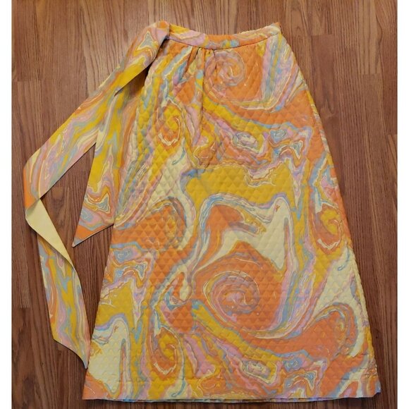70s Bold Orange Oil Slick Quilted Maxi Skirt Sz 10 Park East by Swirl Mod Op Art - Picture 12 of 15